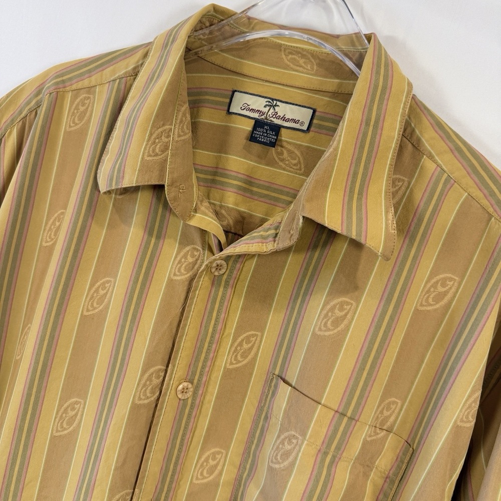 Tommy Bahama Shirt Mens XL Gold Yellow Striped 100% Silk Long Sleeve T31049
